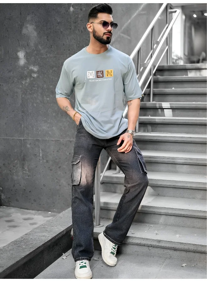 Maniac Mens Printed Round Neck 3/4th Sleeve Light Grey Cotton T-Shirt