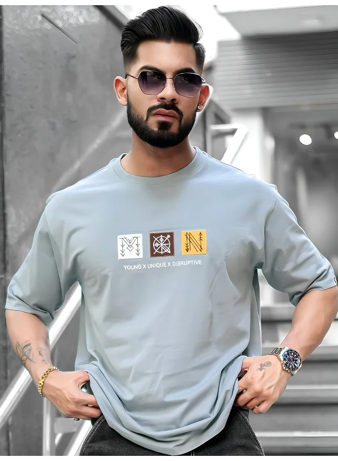 Maniac Mens Printed Round Neck 3/4th Sleeve Light Grey Cotton T-Shirt