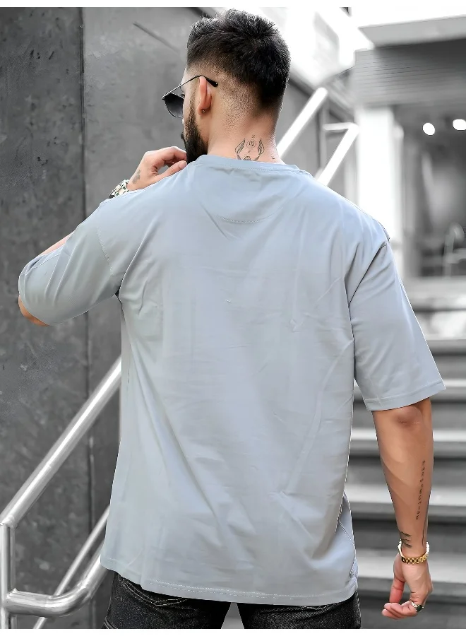 Maniac Mens Printed Round Neck 3/4th Sleeve Light Grey Cotton T-Shirt