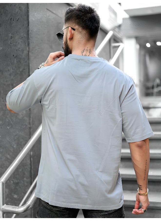 Maniac Mens Printed Round Neck 3/4th Sleeve Light Grey Cotton T-Shirt  - Image 4