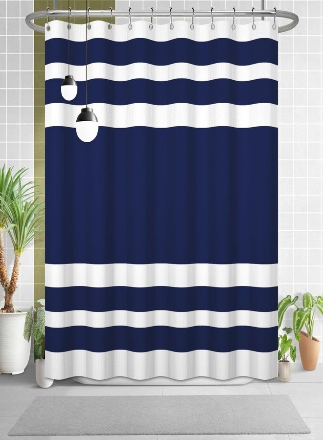 Uiiooazy White Navy Blue Shower Curtain for Bathroom 72x72inches Boho Navy Blue and White Striped Waffle Shower Curtain Set with Hooks Bohemia Geometric Waterproof Fabric Shower Curtain - Image 1