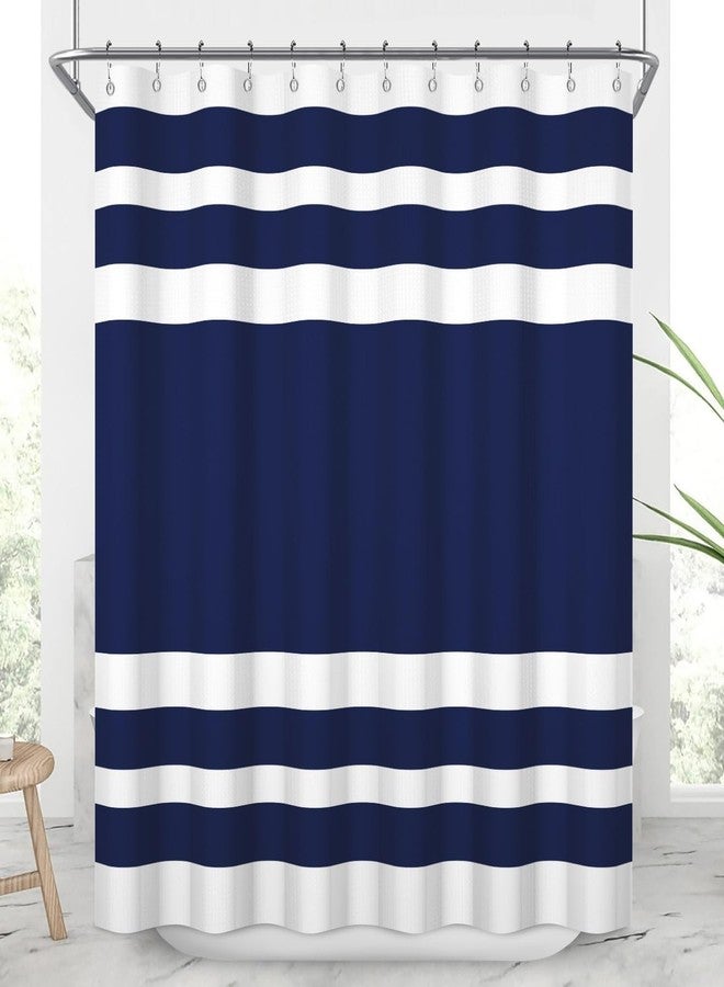 Uiiooazy White Navy Blue Shower Curtain for Bathroom 72x72inches Boho Navy Blue and White Striped Waffle Shower Curtain Set with Hooks Bohemia Geometric Waterproof Fabric Shower Curtain - Image 2