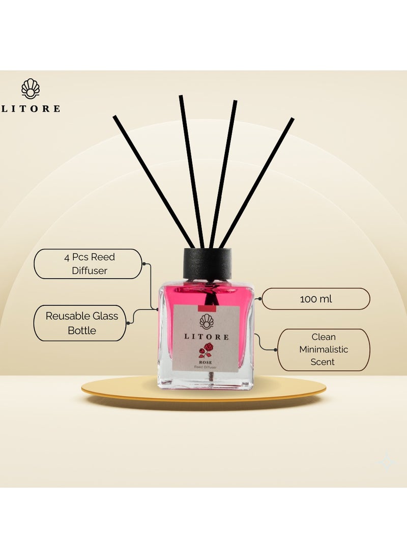 Litore Litore Reed Diffuser - Rose Fragrance, 100ml | Long-Lasting Home Fragrance | Natural & Elegant Room Diffuser  - Image 4