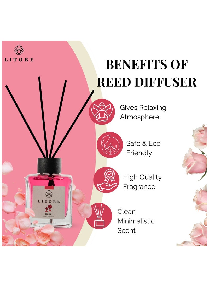 Litore Litore Reed Diffuser - Rose Fragrance, 100ml | Long-Lasting Home Fragrance | Natural & Elegant Room Diffuser  - Image 2