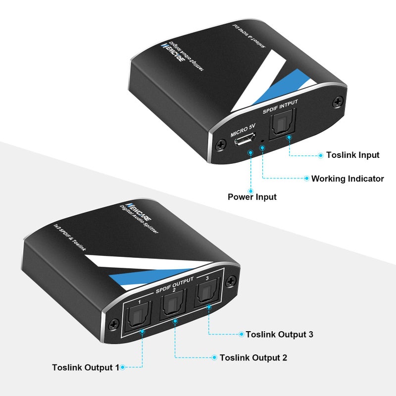 Newcare NEWCAER Digital Optical Splitter, SPDIF Toslink Digital Optical Audio Cable Splitter,Support LPCM2.0 Doldy Digital & DTS 5.1 for Xbox,PS5,DVD,TV (1 x 3 Optical Audio Splitter) - Image 5