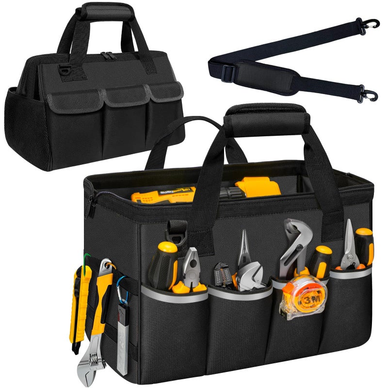 NECKORY Tool Bag, Portable Tool Box Organizer Adjustable Shoulder Strap, Carry Tool Tote Heavy Duty Tool Storage Bag With Wide Mouth Double Zipper,Tool Bags for Men Mechanic Engineer Gift - L, Black - Image 1