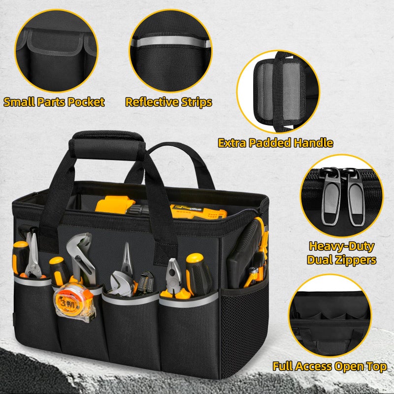 NECKORY Tool Bag, Portable Tool Box Organizer Adjustable Shoulder Strap, Carry Tool Tote Heavy Duty Tool Storage Bag With Wide Mouth Double Zipper,Tool Bags for Men Mechanic Engineer Gift - L, Black - Image 3