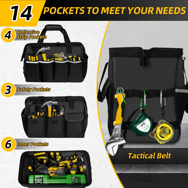 NECKORY Tool Bag, Portable Tool Box Organizer Adjustable Shoulder Strap, Carry Tool Tote Heavy Duty Tool Storage Bag With Wide Mouth Double Zipper,Tool Bags for Men Mechanic Engineer Gift - L, Black - Image 4