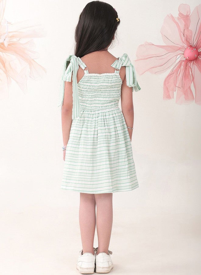 BONKIDS Green Striped Satin Fit & Flare Dress - Image 3