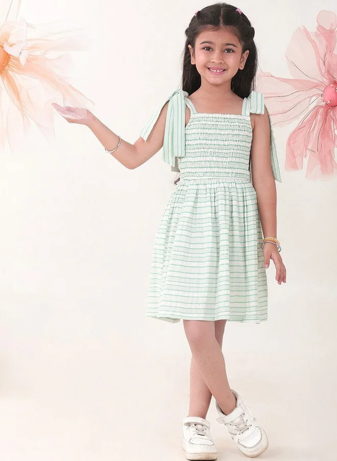 بونكيدز BONKIDS Green Striped Satin Fit & Flare Dress
