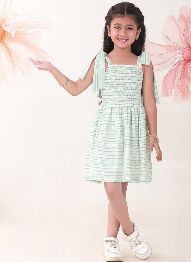 BONKIDS Green Striped Satin Fit & Flare Dress - Image 2
