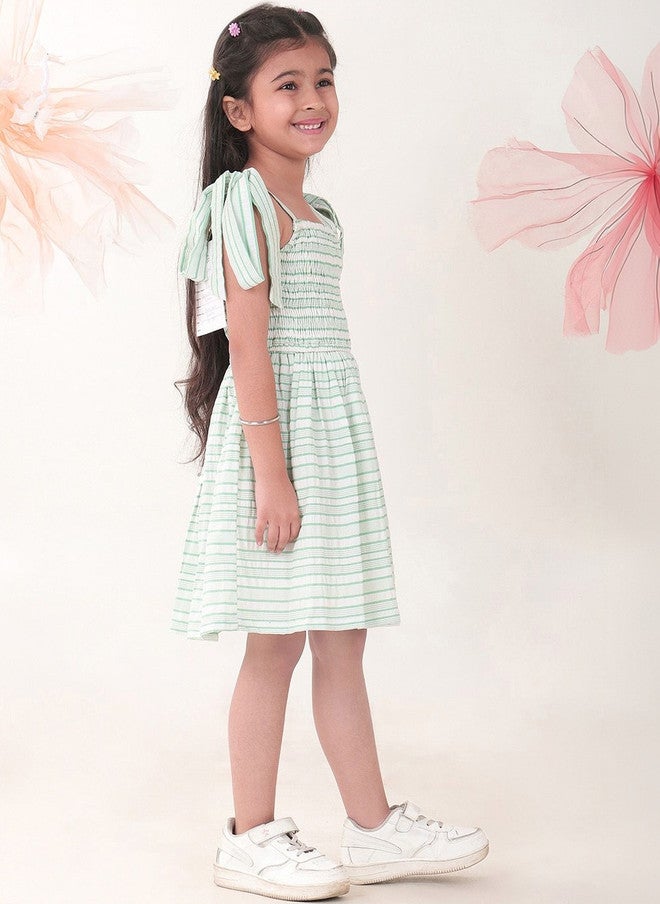 BONKIDS Green Striped Satin Fit & Flare Dress - Image 5