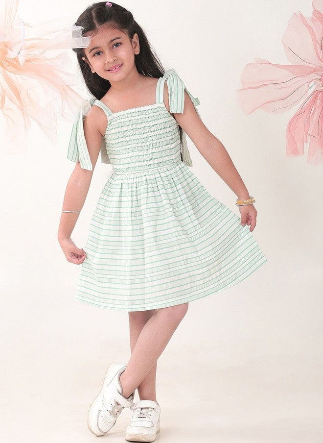 BONKIDS Green Striped Satin Fit & Flare Dress - Image 1