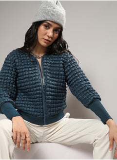 Campus Sutra Women's Teal Blue Creased Ripple Quilted Puffer Jacket  - Image 1