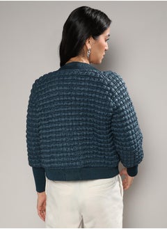 Campus Sutra Women's Teal Blue Creased Ripple Quilted Puffer Jacket  - Image 3