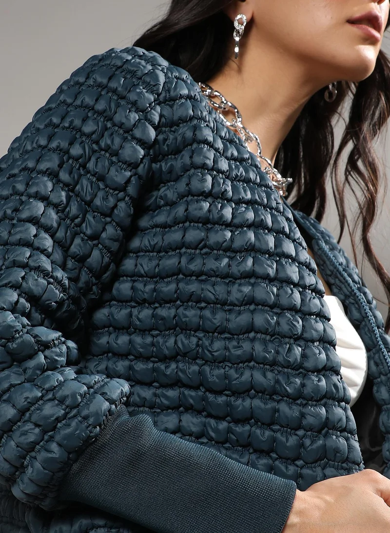 Campus Sutra Women's Teal Blue Creased Ripple Quilted Puffer Jacket