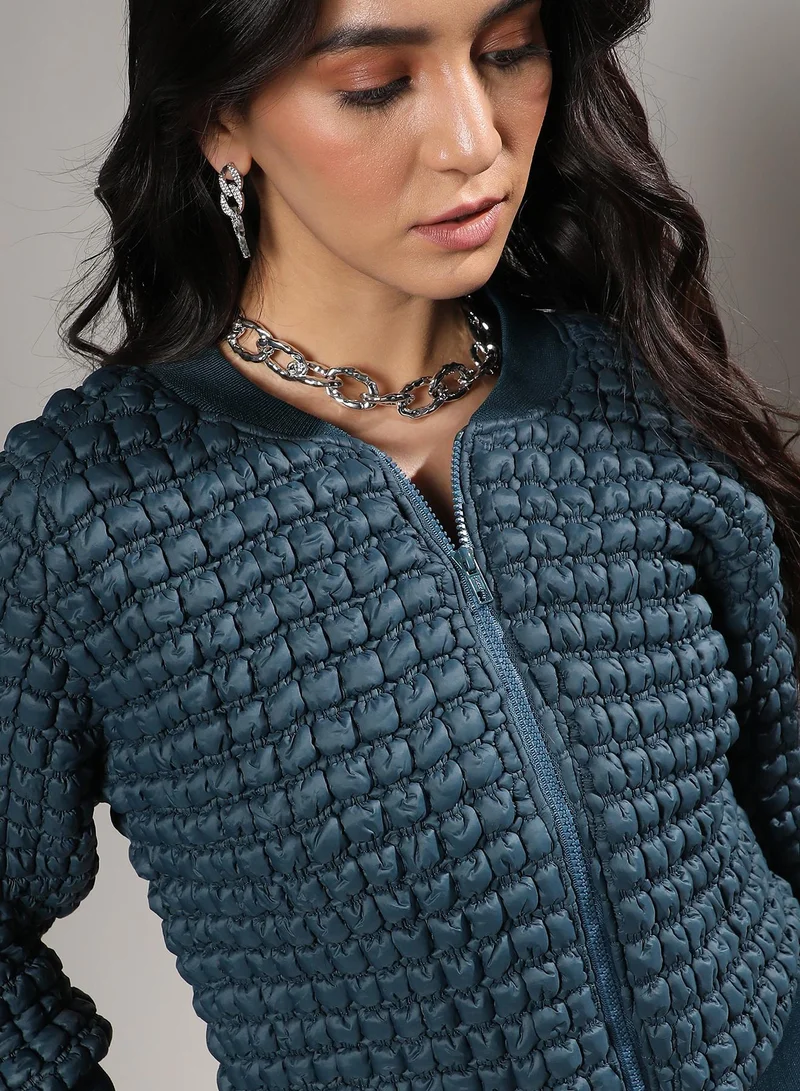 Campus Sutra Women's Teal Blue Creased Ripple Quilted Puffer Jacket