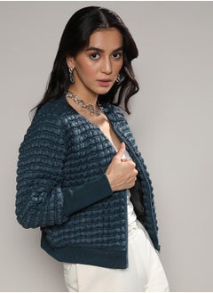 Campus Sutra Women's Teal Blue Creased Ripple Quilted Puffer Jacket  - Image 2