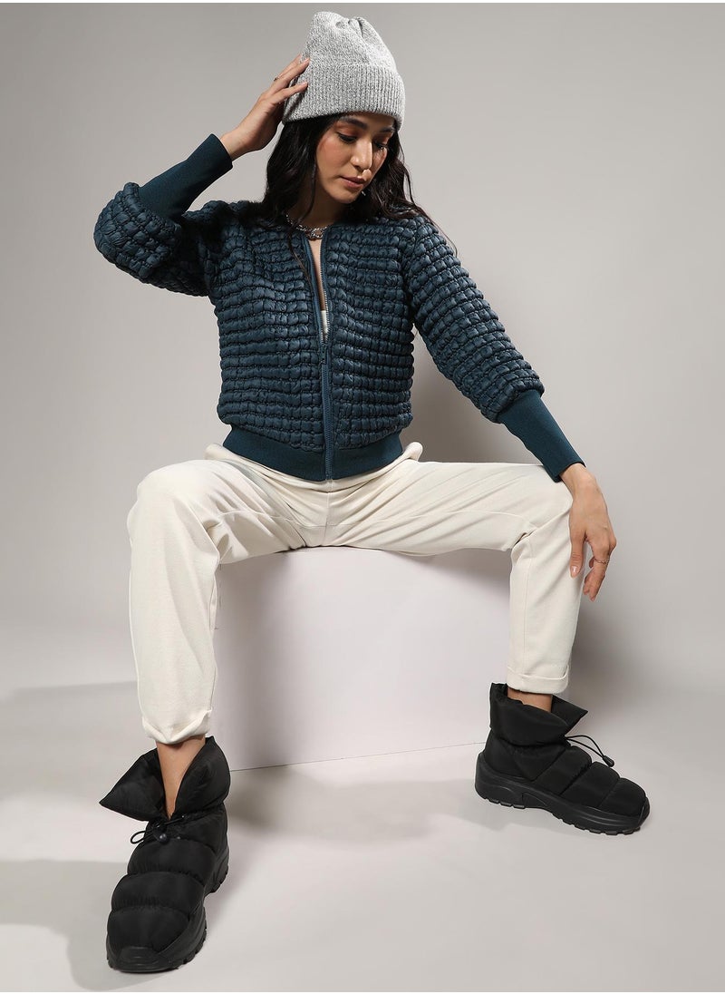 Campus Sutra Women's Teal Blue Creased Ripple Quilted Puffer Jacket  - Image 5
