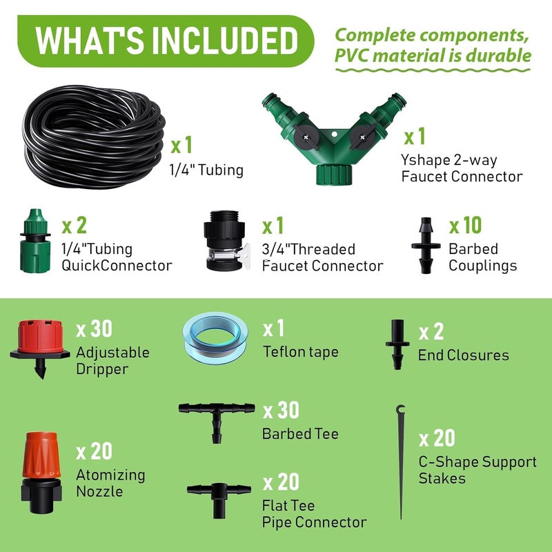 MQUPIN Drip Irrigation Kit 164FT Automatic, Garden Irrigation System with 1/4" Tubing, Adjustable Emitters & Misting Nozzles for Greenhouse, Patio, Flower Bed - Image 2