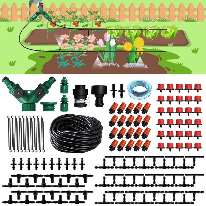 MQUPIN Drip Irrigation Kit 164FT Automatic, Garden Irrigation System with 1/4" Tubing, Adjustable Emitters & Misting Nozzles for Greenhouse, Patio, Flower Bed - Image 1