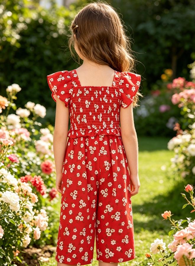 Take Two Girls Red Floral Print Cropped Cotton Trousers - Image 2