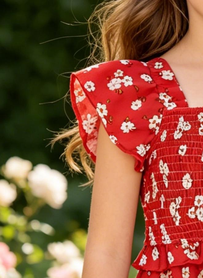 Take Two Girls Red Floral Print Cropped Cotton Trousers - Image 4