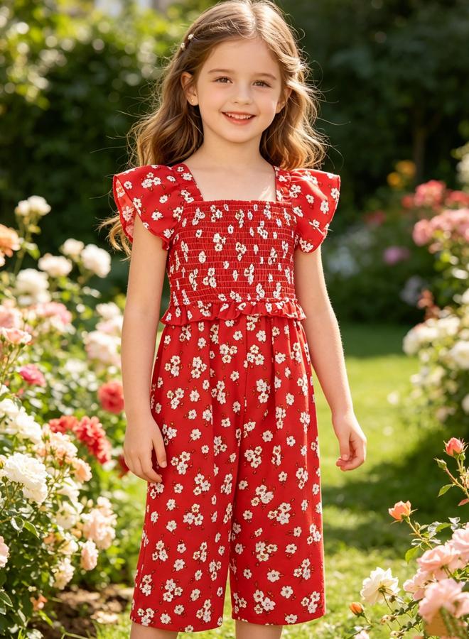 Take Two Girls Red Floral Print Cropped Cotton Trousers - Image 1