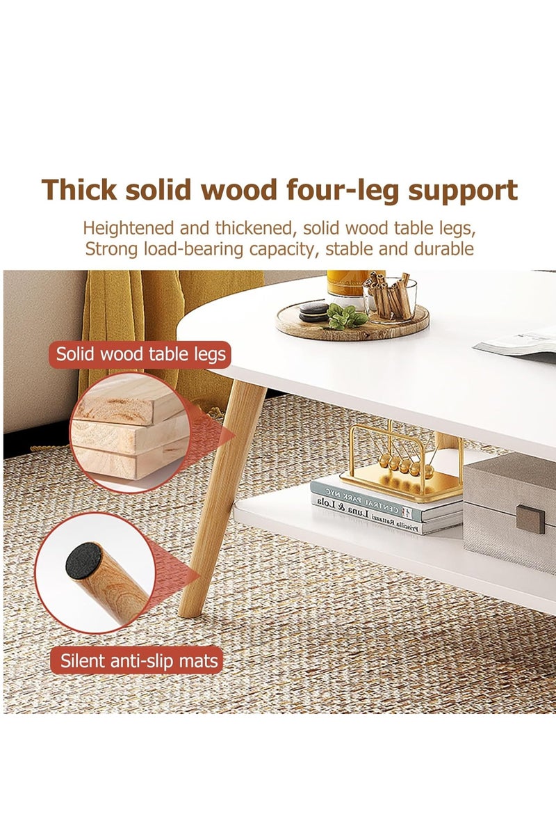 GUDOO طاولة وسط لغرفة المعيشة، طاولة قهوة بمقاس 31.5 بوصة لغرفة المعيشة، طاولة عرض بسيطة، طاولة قهوة بيضاوية بطابقين مع مساحة تخزين، طاولة جانبية صغيرة لغرفة نوم بمساحة محدودة (أبيض دافئ، 100×50 سم). - Image 5