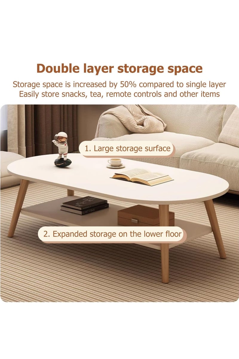 GUDOO طاولة وسط لغرفة المعيشة، طاولة قهوة بمقاس 31.5 بوصة لغرفة المعيشة، طاولة عرض بسيطة، طاولة قهوة بيضاوية بطابقين مع مساحة تخزين، طاولة جانبية صغيرة لغرفة نوم بمساحة محدودة (أبيض دافئ، 100×50 سم). - Image 3