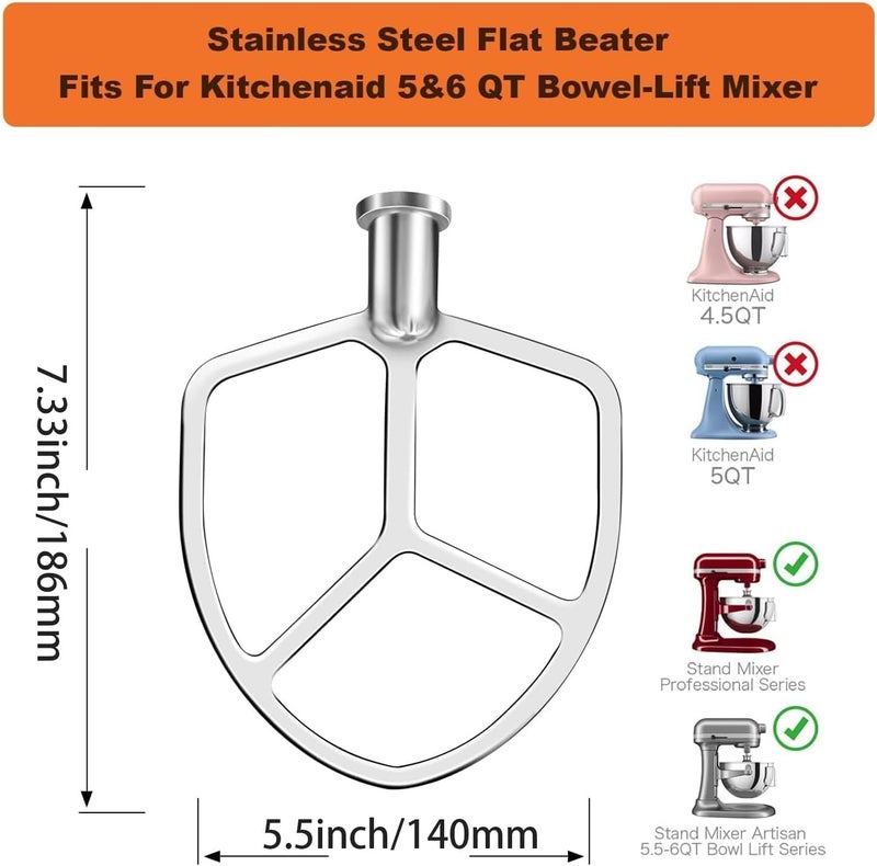 YANUS Stainless Steel Flat Beater Replacement for kitchenAid 5qt-6qt, Bowl-Lift Stand Mixer Accessories Fit for Professional 5 Plus and 600 Seris Mixers, Heavy Duty and Dishwasher Safe - Image 2