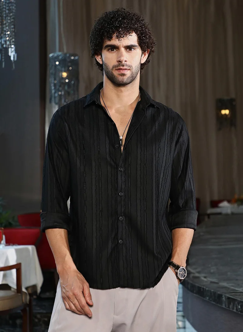 كامبوس سوترا قميص رجالي بحافة متموجة بلون أسود أونيكس