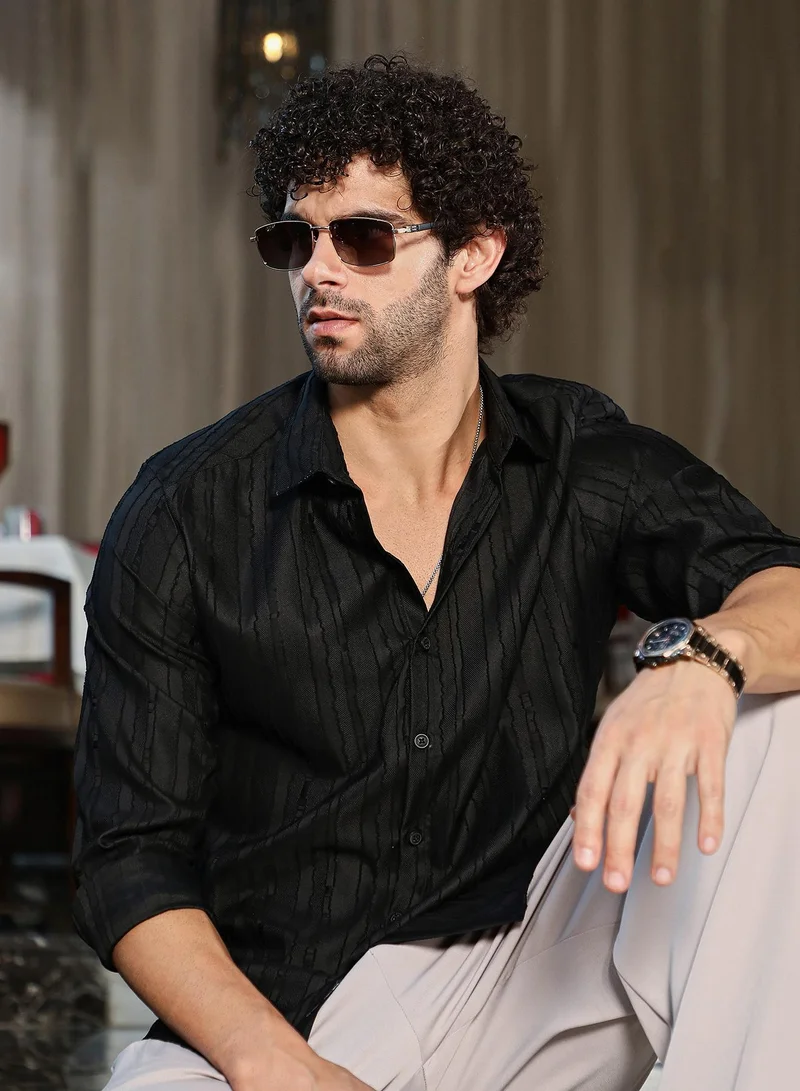 كامبوس سوترا قميص رجالي بحافة متموجة بلون أسود أونيكس