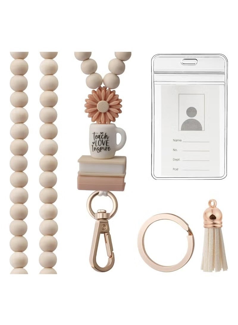 ID Badge Holder,Card Holder,With Fashion Wood Beaded Lanyard for Keys,credit-card or driver's license sized cards, Super Cute Boho Breakaway Lanyard for Women - Image 1