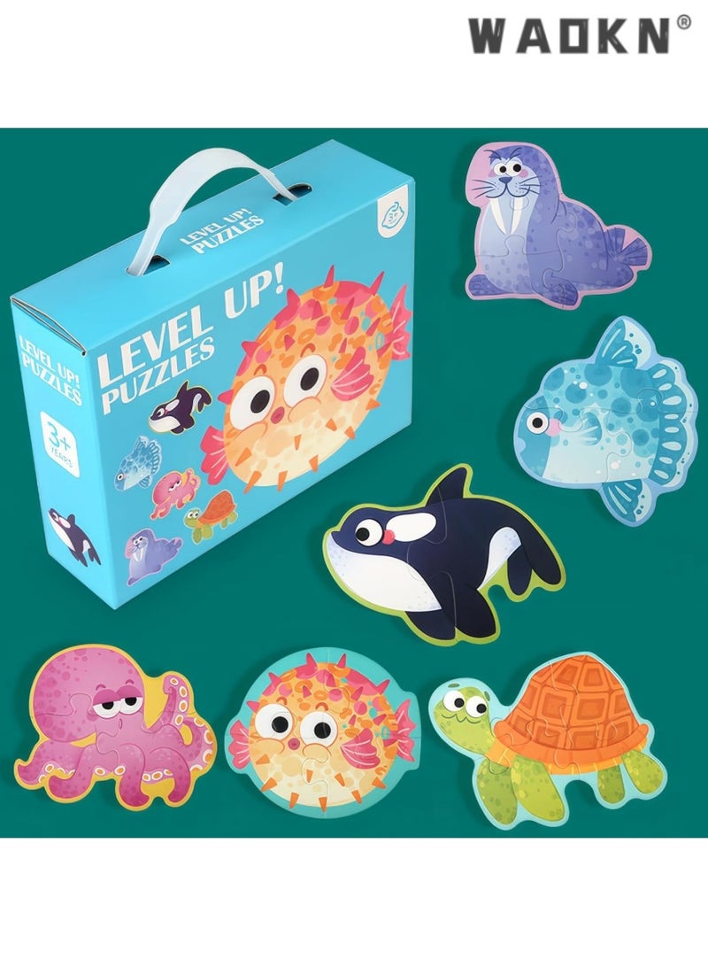 دبليو أيه أو كي أن ألغاز 6 في 1، أحجية للأطفال من سن 3 إلى 5 سنوات، لعبة سفر، أحجية أرضية للمبتدئين، على شكل كبير الحجم، ألعاب تعليمية لمرحلة ما قبل المدرسة (حيوانات بحرية) - Image 1