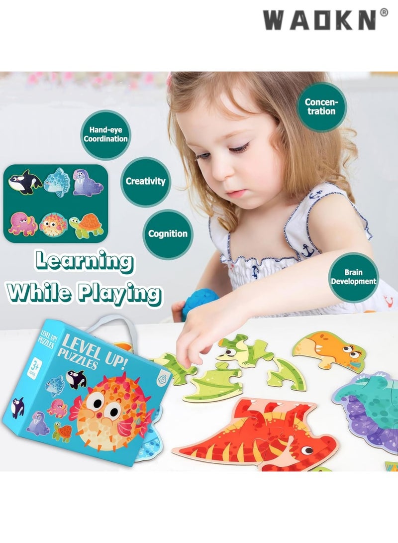 دبليو أيه أو كي أن ألغاز 6 في 1، أحجية للأطفال من سن 3 إلى 5 سنوات، لعبة سفر، أحجية أرضية للمبتدئين، على شكل كبير الحجم، ألعاب تعليمية لمرحلة ما قبل المدرسة (حيوانات بحرية) - Image 3