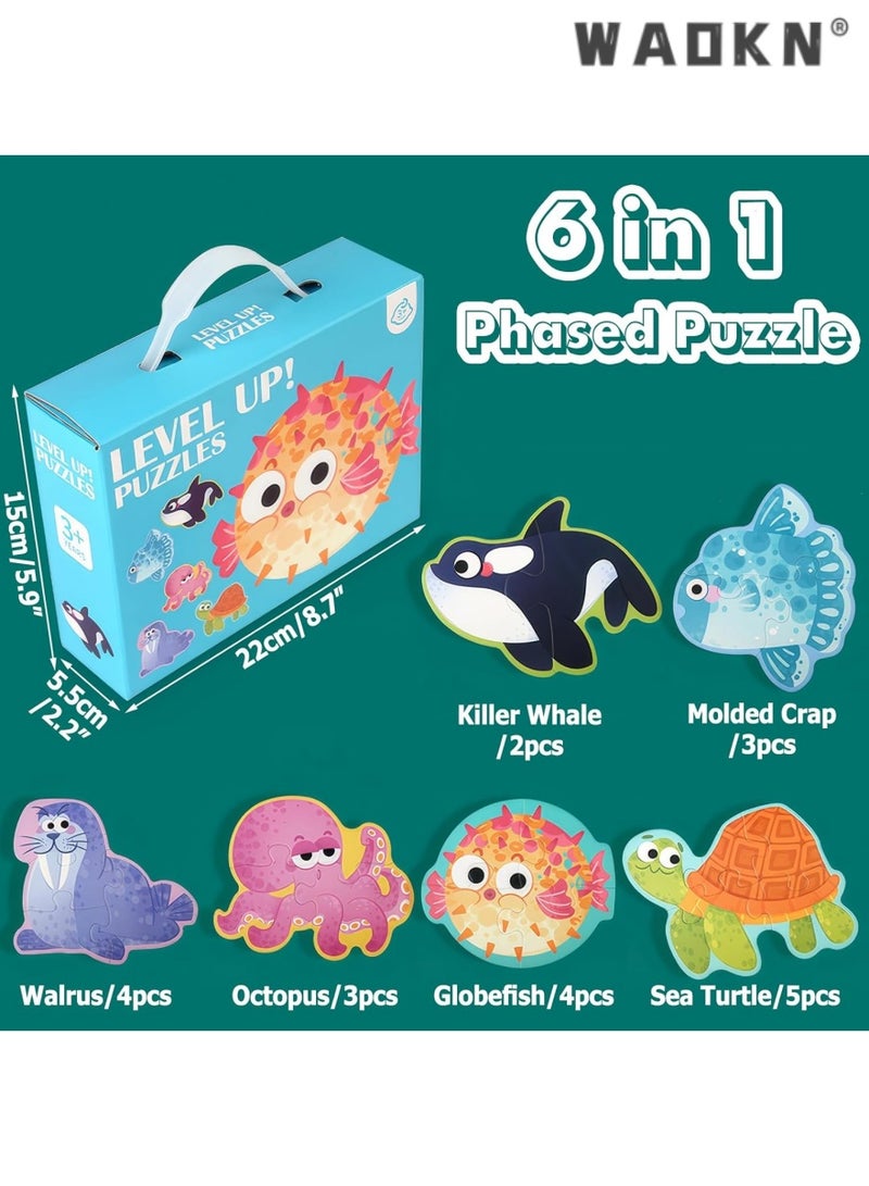 دبليو أيه أو كي أن ألغاز 6 في 1، أحجية للأطفال من سن 3 إلى 5 سنوات، لعبة سفر، أحجية أرضية للمبتدئين، على شكل كبير الحجم، ألعاب تعليمية لمرحلة ما قبل المدرسة (حيوانات بحرية) - Image 5