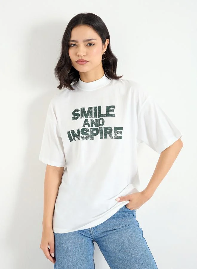Styli Styli White Slogan Relaxed Fit T-Shirt