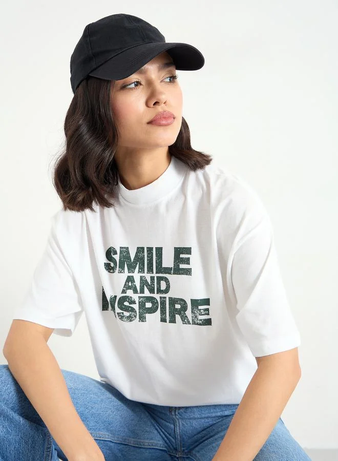 Styli Styli White Slogan Relaxed Fit T-Shirt