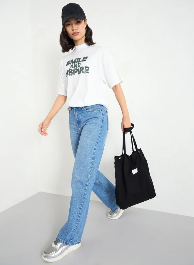 Styli White Slogan Relaxed Fit 100% Cotton T-Shirt