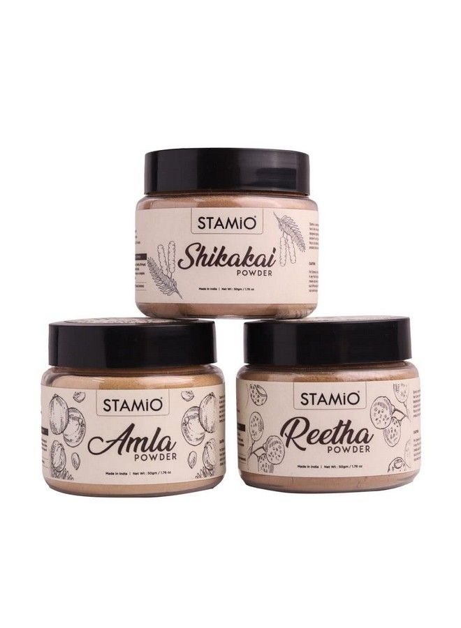 STAMIO Amla Reetha Shikakai Powder Combo For Hair Pack Wash Mask Diy ; Seedless Indian Gooseberry ; Pure Aritha Soapnuts ; Acacia Concinna ; Natural Cleanser/Shampoo ; In Jar 150 Gm (50Gm X 3) - Image 1