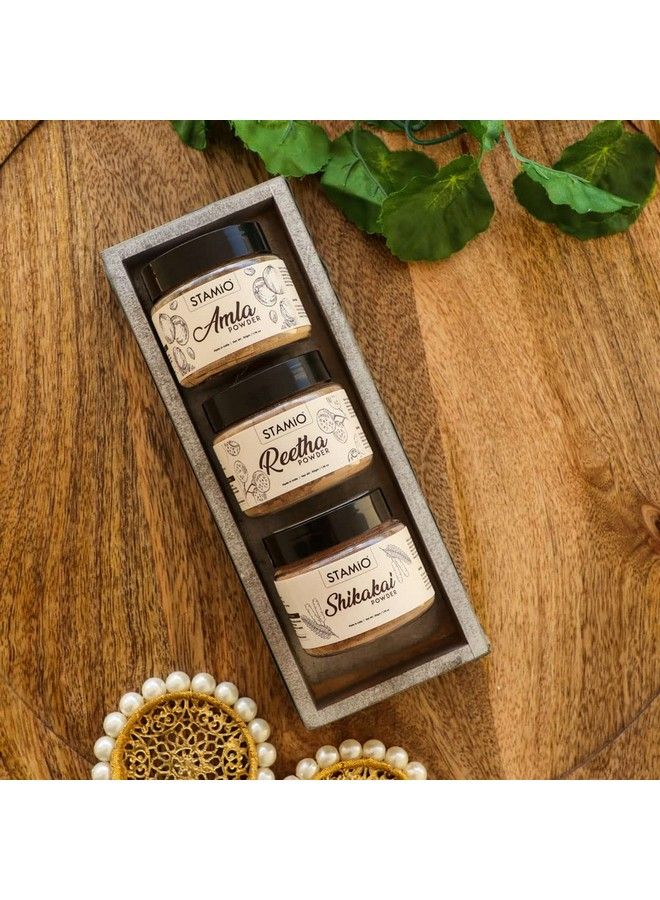 STAMIO Amla Reetha Shikakai Powder Combo For Hair Pack Wash Mask Diy ; Seedless Indian Gooseberry ; Pure Aritha Soapnuts ; Acacia Concinna ; Natural Cleanser/Shampoo ; In Jar 150 Gm (50Gm X 3) - Image 3