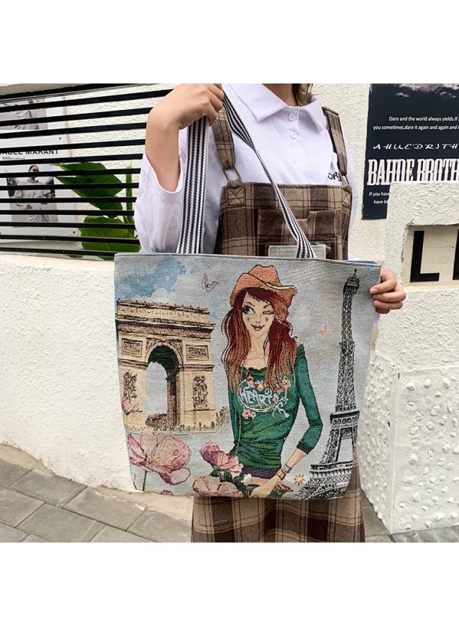 Matai Style Special Embroidered Fashion Women's Bag Ethnic Style Canvas Bag Shoulder Bag Large Capacity Handbag-Color:Beauty Of Arc De Triomphe - Image 1
