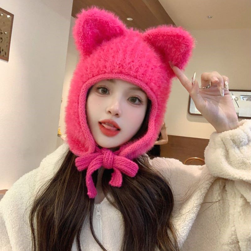 2024 New Bear Ear Plush Hat for Children Autumn and Winter Cute Thickened Warm Ear Protection Dopamine Wool Hat Rose red