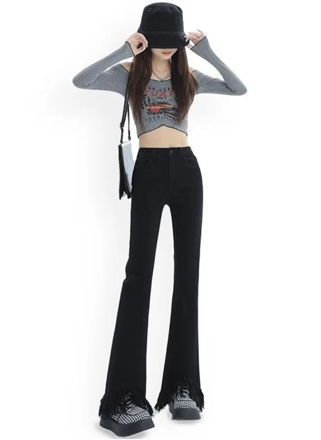 YUNIQEE Black Flared High-Rise Denim Jeans