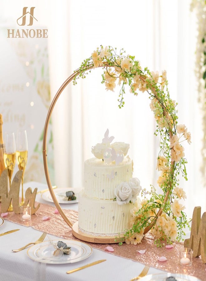 Hanobe Gold Cake Stand for Wedding: 11.7 Inch Round Arch Cupcake Display Stands with Wood Base Decorative Metal Hoop Centerpiece Decor for Party Birthday Baby Shower - Image 2