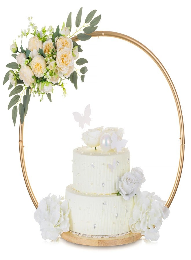 Hanobe Gold Cake Stand for Wedding: 11.7 Inch Round Arch Cupcake Display Stands with Wood Base Decorative Metal Hoop Centerpiece Decor for Party Birthday Baby Shower - Image 1