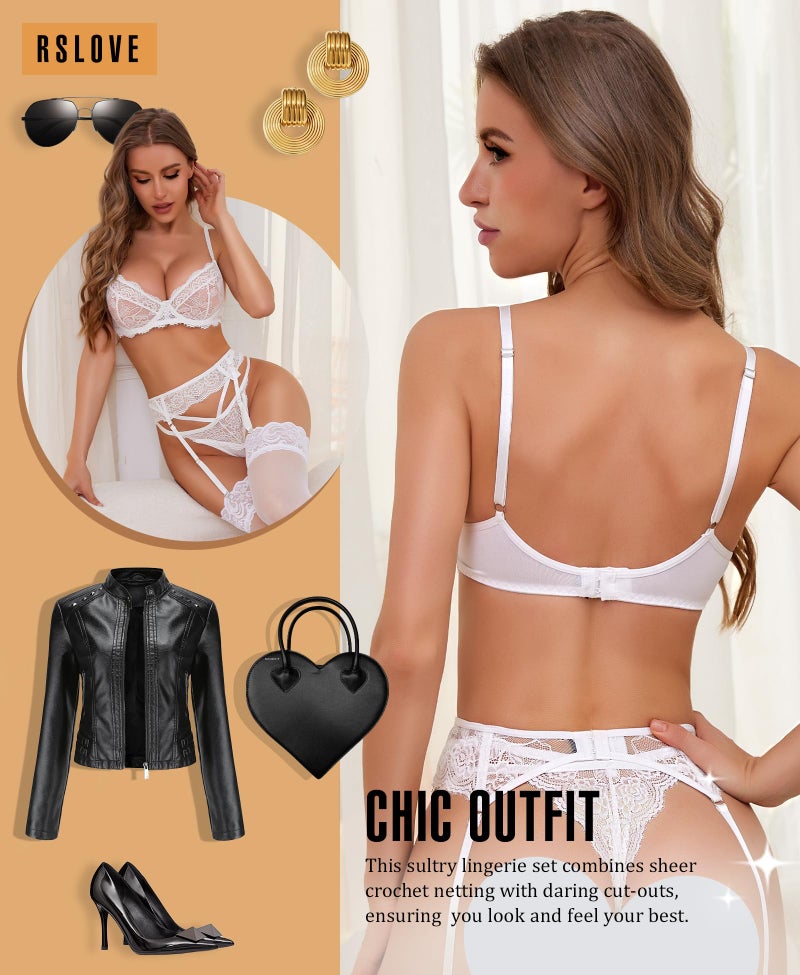 RSLOVE Lingerie Set for Women Sexy - Corset And Panty Outfits 3 Piece Lace Push Up Underwire with Garter Bra And Panty Sets Bodysuit White, M - Image 5