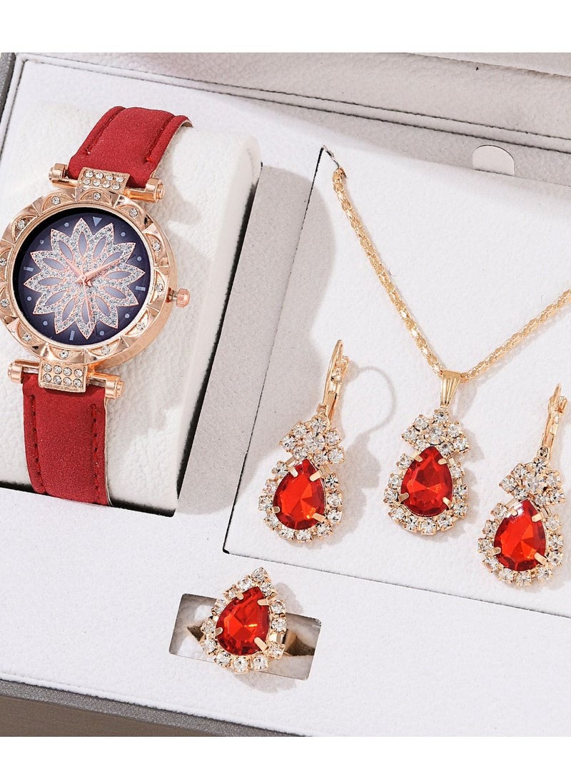 [2023 New Design]Ladies Watch Fashionable Women Quartz Diamond Wristwatch Classic Simple Watches Business Decoration Bangle Bracelet Necklace Ring Earring Girl Gift Set 