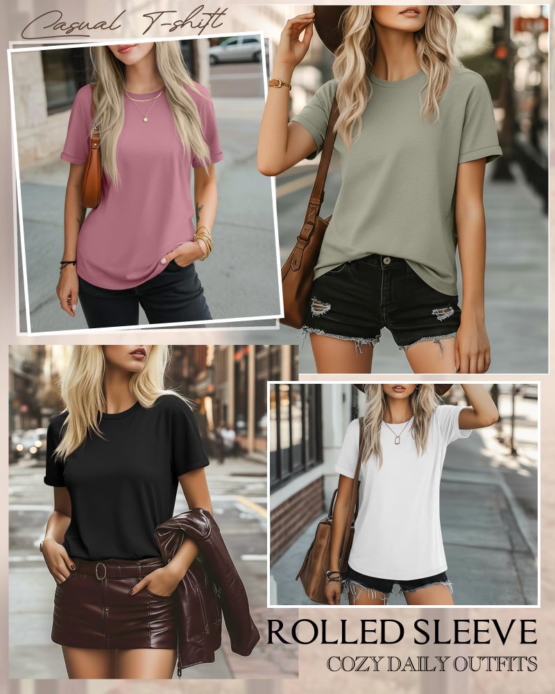 Ficerd 4 Pack Women's Cotton T Shirts Casual Short Sleeve Tunic Tops Crewneck Plain Summer Loose Fit Rolled Sleeve Basic Tee(Black, White, Matcha Green, Pink,Large) - Image 5